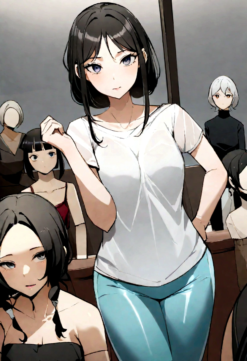 Girl is a mermaid or photo, Tout le corps, avec un t-shirt court, Bien, corps mince, buste plus petit, Modèle fille mince, mannequin femme de 24 ans, allongé sur le chantier, un groupe d'hommes noirs regardant