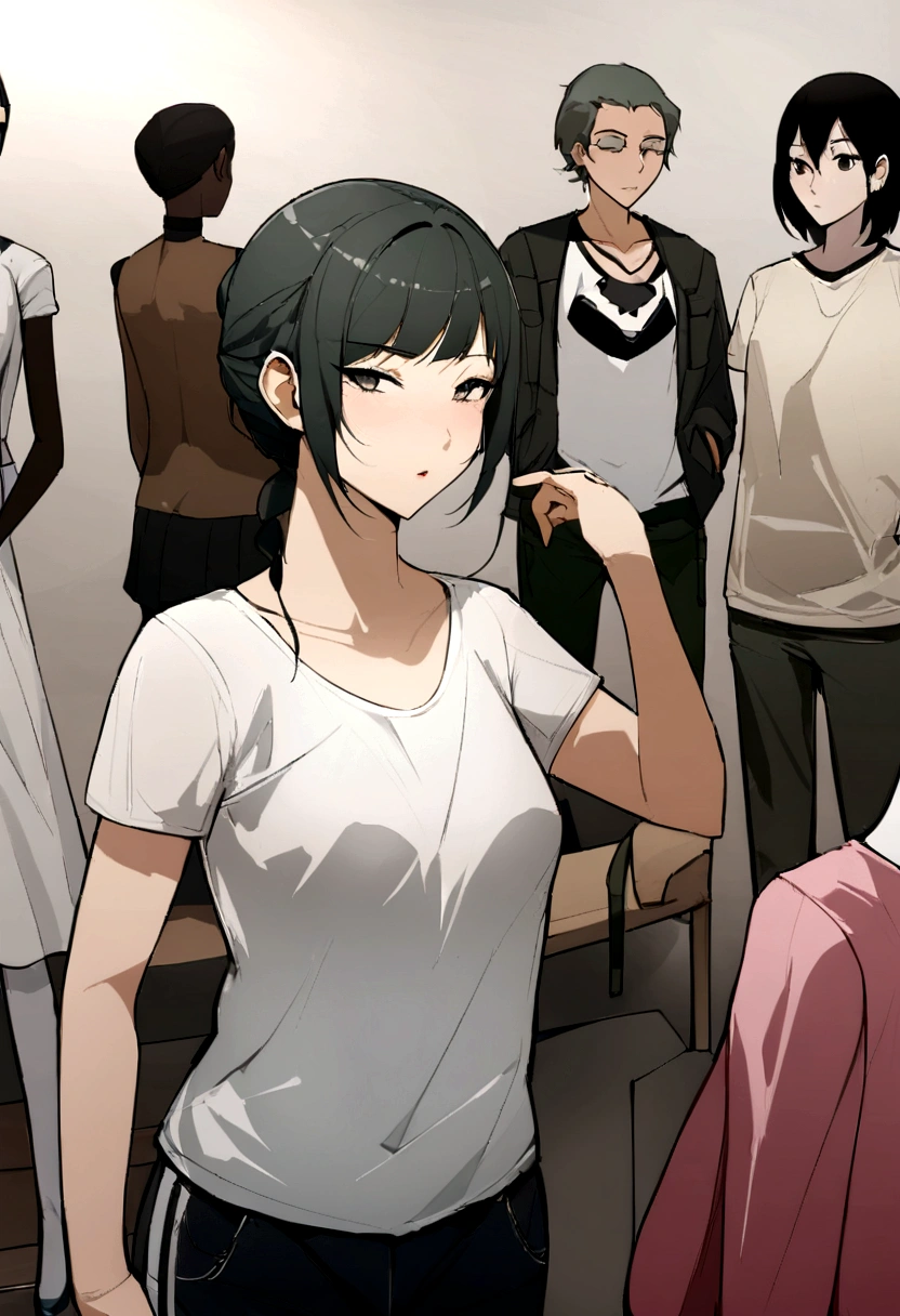 Girl is a mermaid or photo, Tout le corps, avec un t-shirt court, Bien, corps mince, buste plus petit, Modèle fille mince, mannequin femme de 24 ans, allongé sur le chantier, un groupe d'hommes noirs regardant