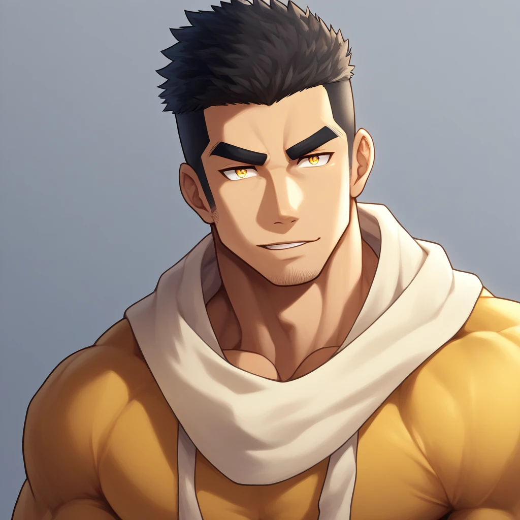 anime characters:Gyee, Muscle Sports Student, 1 muscular tough guy, Manliness, male focus, Light Yellow long sleeve tights, Very tight, The pectoral muscles are oversized, Slightly transparent, muscular male, muscular, only, Upper body, alone, Black short hair, Thick eyebrows, stubble, Yellow eyes, Grey background, simple background, amazing quality, best aesthetics, Ridiculous, bright pupils, crew cut, parted lips, seductive smile, torogao, naughty face, drop shadow, best quality