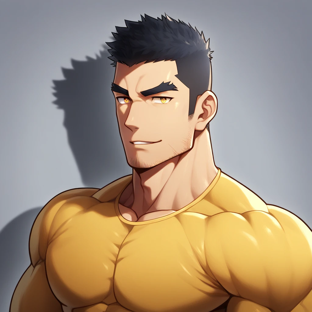 anime characters:Gyee, Muscle Sports Student, 1 muscular tough guy, Manliness, male focus, Light Yellow long sleeve tights, Very tight, The pectoral muscles are oversized, Slightly transparent, muscular male, muscular, only, Upper body, alone, Black short hair, Thick eyebrows, stubble, Yellow eyes, Grey background, simple background, amazing quality, best aesthetics, Ridiculous, bright pupils, crew cut, parted lips, seductive smile, torogao, naughty face, drop shadow, best quality