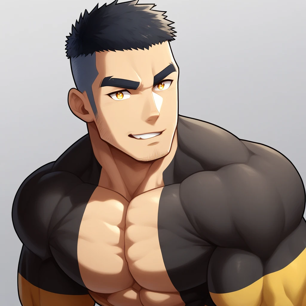 anime characters:Gyee, Muscle Sports Student, negro black skin, 1 dark skin muscular tough guy, Manliness, male focus, Brown long-sleeved high-necked tight diving suit, Very tight, Round, full and perky chest muscles, Perfect abdominal muscles, Male dog waist, Slightly transparent, muscular male, muscular, only, Upper body, alone, Black short hair, Thick eyebrows, stubble, Brown eyes, Grey background, simple background, amazing quality, best aesthetics, Ridiculous, bright pupils, crew cut, parted lips, seductive smile, torogao, naughty face, best quality