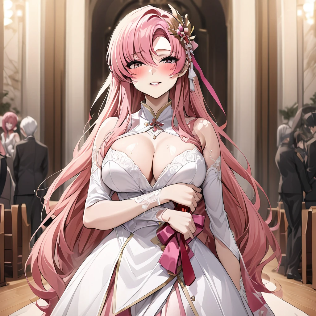 ((Highest quality)), ((masterpiece)), (detailed), (Perfect Face)、The woman is Lacus Clyne with semi-long pink hair.、In a luxurious church wedding hall, a woman is holding onto the arm of a dignified, sturdy, middle-aged, luxuriously dressed old evil emperor during her wedding ceremony.、The woman has medium-long hair
