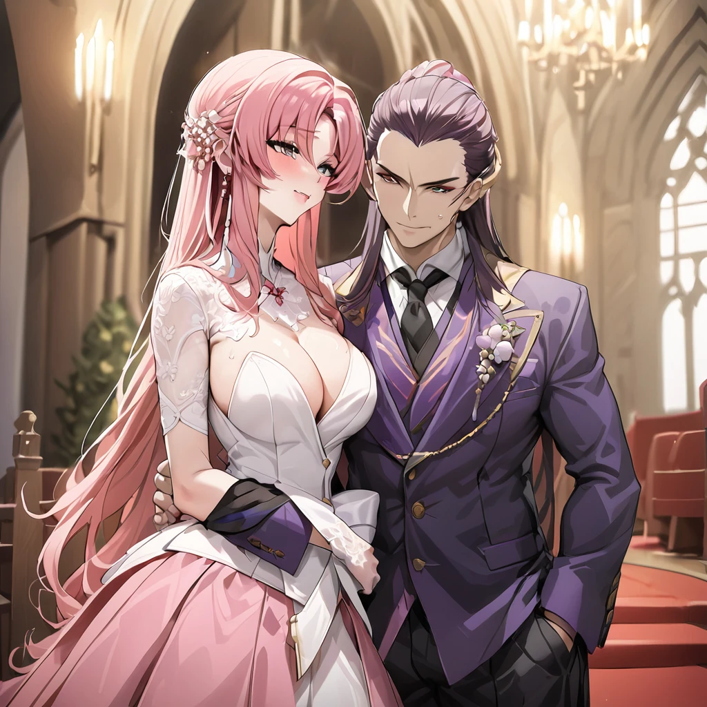 ((Highest quality)), ((masterpiece)), (detailed), (Perfect Face)、The woman is Lacus Clyne with semi-long pink hair.、In a luxurious church wedding hall, a woman is holding onto the arm of a dignified, sturdy, middle-aged, luxuriously dressed old evil emperor during her wedding ceremony.、The woman has medium-long hair