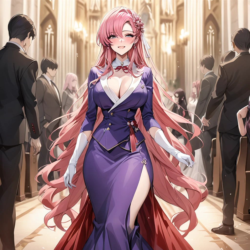 ((Highest quality)), ((masterpiece)), (detailed), （Perfect Face）、The woman is Lacus Clyne with semi-long pink hair.、In a luxurious church wedding hall, a woman is holding onto the arm of a dignified, sturdy, middle-aged, luxuriously dressed old evil emperor during her wedding ceremony.、The woman has medium-long hair