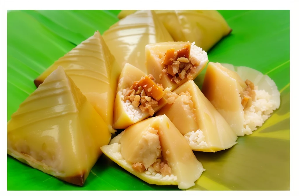 there are three coconut caramel stuffed dough pyramid on a banana leaf on a plate, macuahuitl, stuffed dough pyramid, yummy, recipe, version 3, bao phan, eats bambus, kete butcher, c 12.0, thai traditional dessert on a plate, eating, caramel, hosada, sasai ukon masanao, negao, hey, cheap