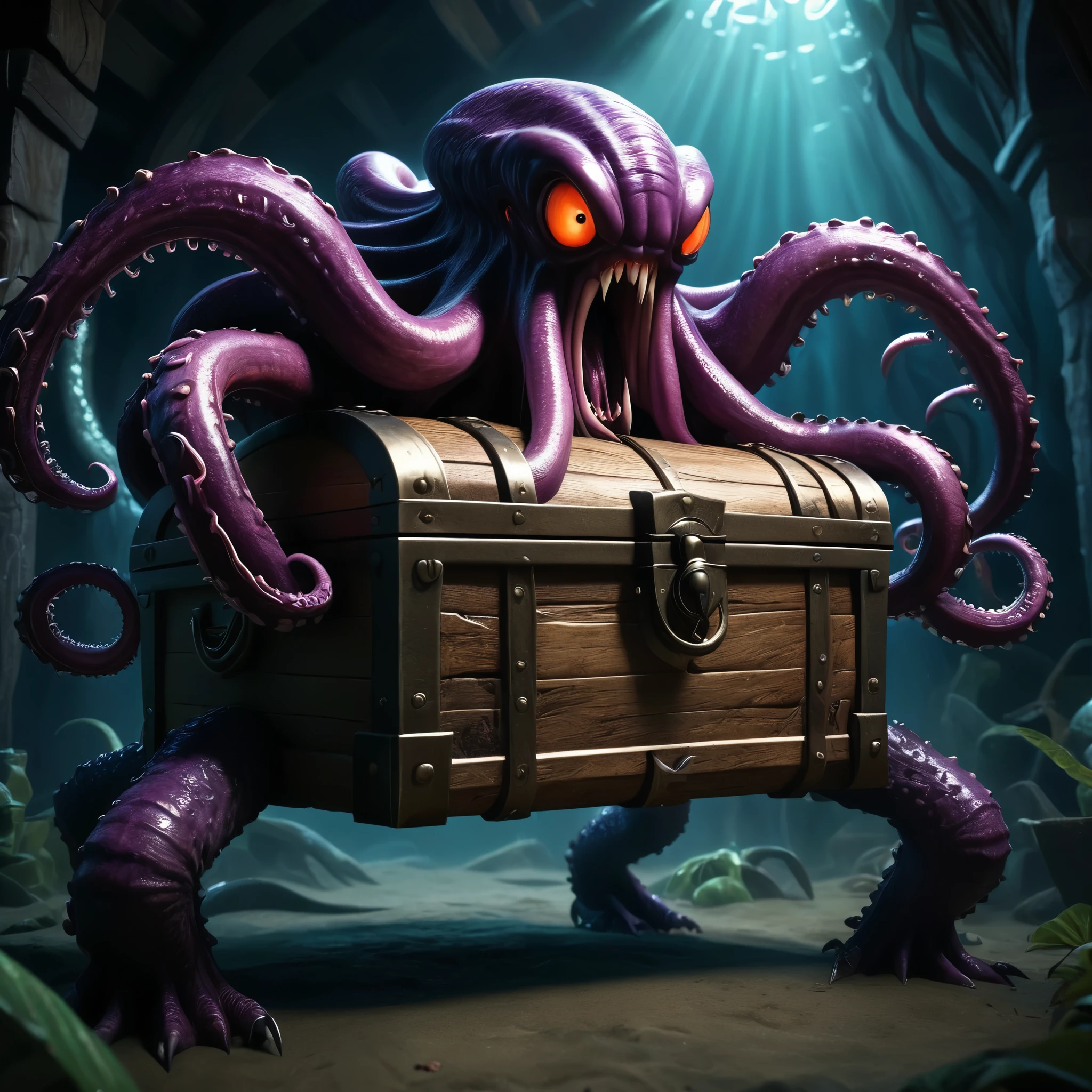 a terrifying treasure chest monster with long arms and legs, massive tentacles, glowing eyes, sharp fangs, detailed intricate texture, dark fantasy, moody lighting, dramatic cinematic composition, highly detailed, 8k, photorealistic, masterpiece