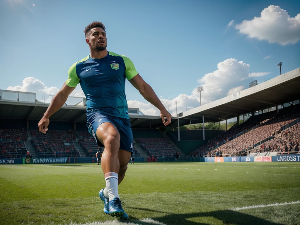 a football player, professional athlete, soccer player, sports action, dynamic movement, muscular build, running, kicking ball, sports field, green grass, blue sky, crowd cheering, stadium, (best quality, 4k, 8k, highres, masterpiece:1.2), ultra-detailed, (realistic, photorealistic, photo-realistic:1.37), hyper detailed, cinematic lighting, dramatic composition, vivid colors, sports photography