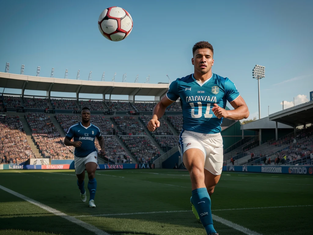 a football player, professional athlete, soccer player, sports action, dynamic movement, muscular build, running, kicking ball, sports field, green grass, blue sky, crowd cheering, stadium, (best quality, 4k, 8k, highres, masterpiece:1.2), ultra-detailed, (realistic, photorealistic, photo-realistic:1.37), hyper detailed, cinematic lighting, dramatic composition, vivid colors, sports photography