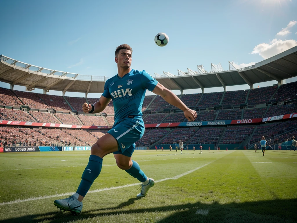 a football player, professional athlete, soccer player, sports action, dynamic movement, muscular build, running, kicking ball, sports field, green grass, blue sky, crowd cheering, stadium, (best quality, 4k, 8k, highres, masterpiece:1.2), ultra-detailed, (realistic, photorealistic, photo-realistic:1.37), hyper detailed, cinematic lighting, dramatic composition, vivid colors, sports photography