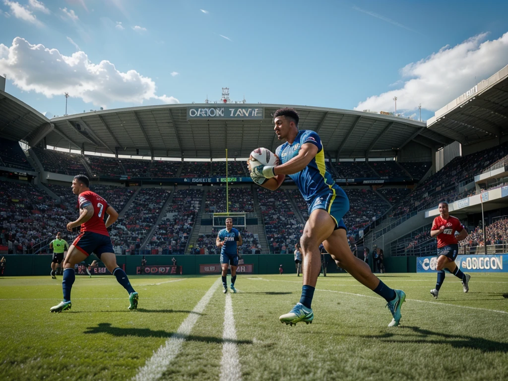 a football player, professional athlete, soccer player, sports action, dynamic movement, muscular build, running, kicking ball, sports field, green grass, blue sky, crowd cheering, stadium, (best quality, 4k, 8k, highres, masterpiece:1.2), ultra-detailed, (realistic, photorealistic, photo-realistic:1.37), hyper detailed, cinematic lighting, dramatic composition, vivid colors, sports photography