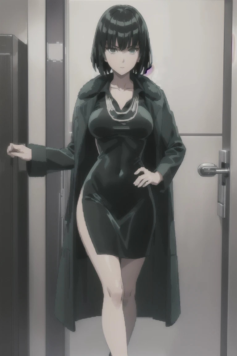 (((pixel-perfect, detail-perfect))), solo, 1girl, fubuki, fur coat, collared dress, collarbone, necklace, looking at viewer, closed mouth((( she standing in sexy pose)))