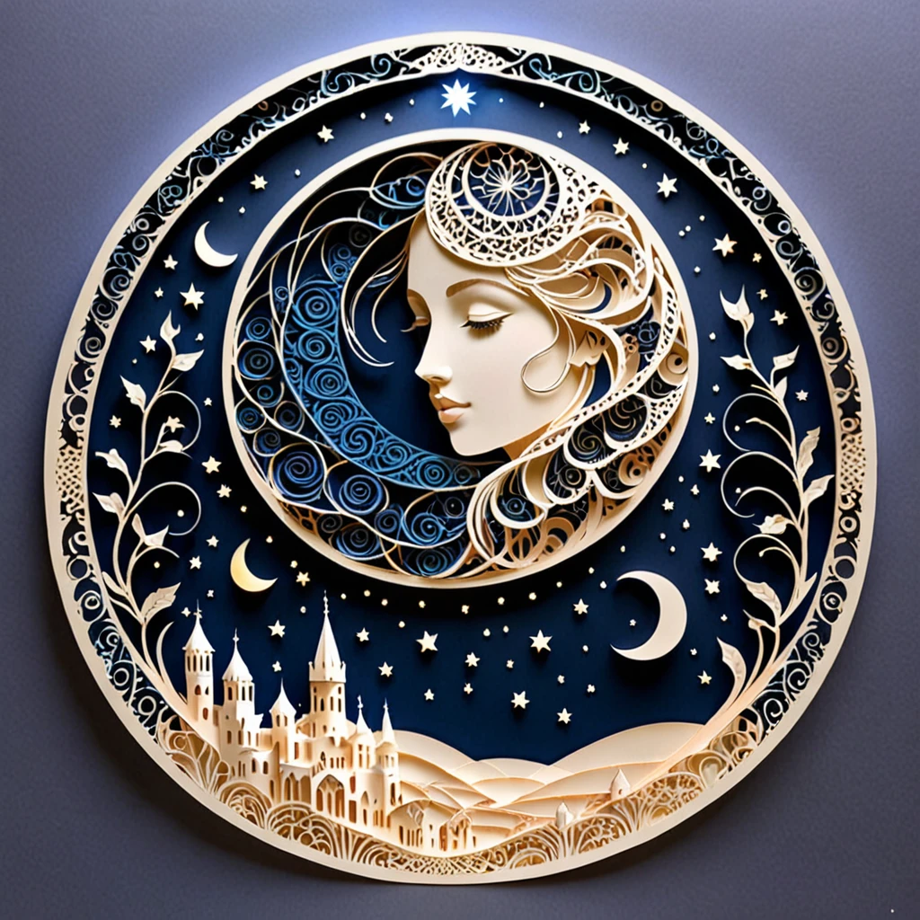 Create a detailed paper cutout artwork depicting an intricate scene of arabesque patterns against a moonlit night. The artwork should include elaborate, swirling designs that capture the essence of arabesque art, set against the backdrop of a serene night sky illuminated by a full moon. The moonlight should cast delicate shadows and highlights on the patterns, enhancing their depth and intricacy. The overall mood should be mystical and elegant, evoking a sense of timeless beauty.