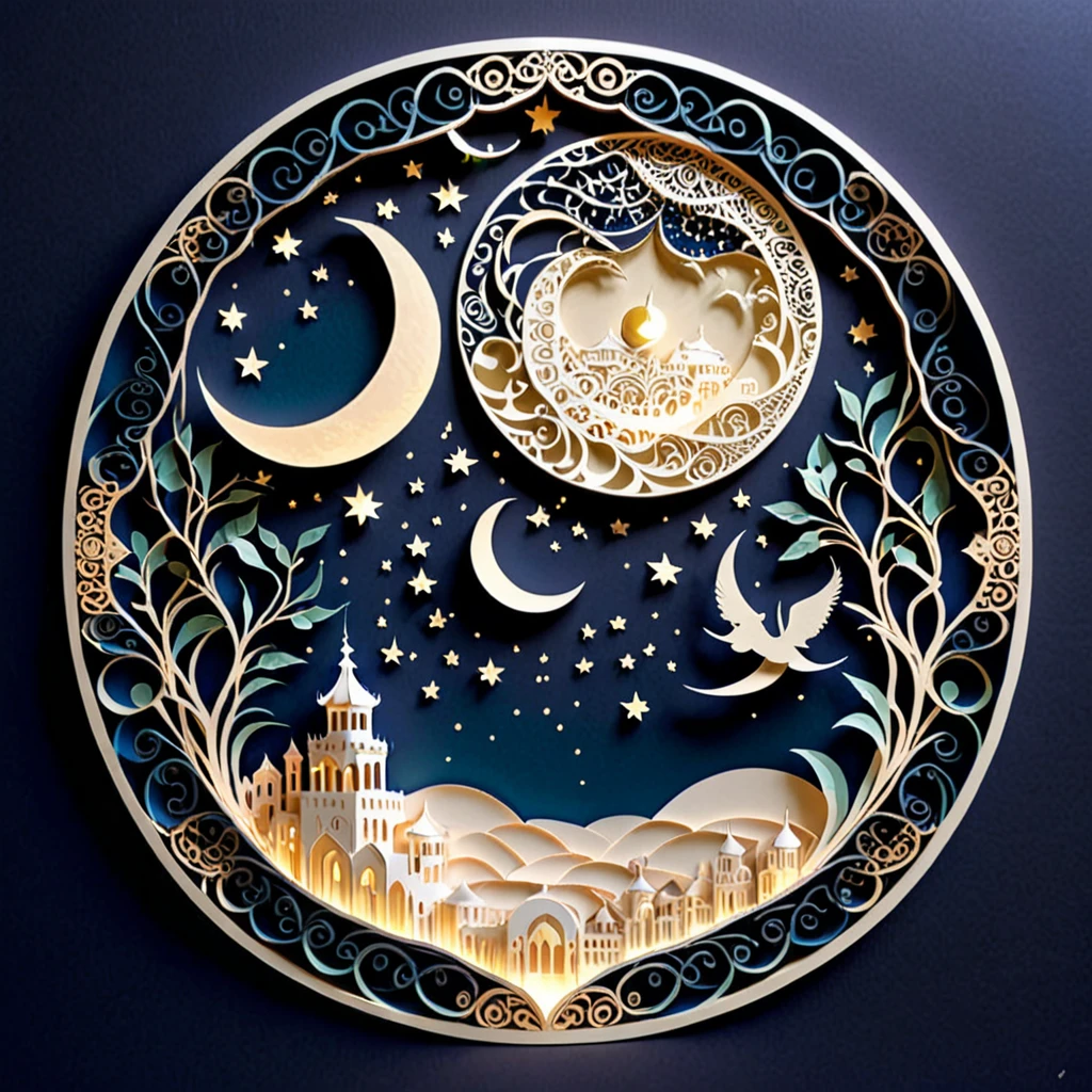 Create a detailed paper cutout artwork depicting an intricate scene of arabesque patterns against a moonlit night. The artwork should include elaborate, swirling designs that capture the essence of arabesque art, set against the backdrop of a serene night sky illuminated by a full moon. The moonlight should cast delicate shadows and highlights on the patterns, enhancing their depth and intricacy. The overall mood should be mystical and elegant, evoking a sense of timeless beauty.