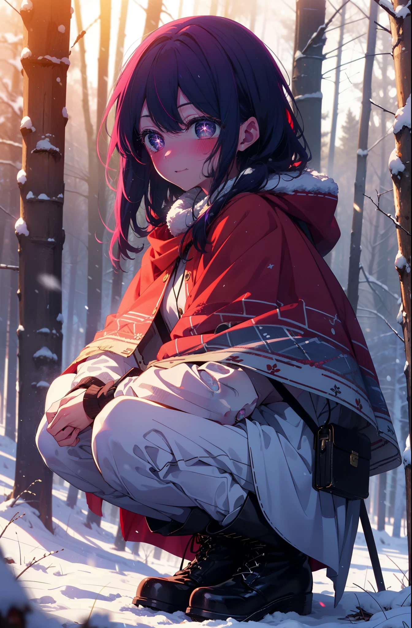 aihoshino, Ai Hoshino, Long Hair, bangs, (Purple eyes:1.1), Purple Hair, (Symbol-shaped pupil:1.5), smile,,smile,blush,White Breath,
Open your mouth,snow,Ground bonfire, Outdoor, boots, snowing, From the side, wood, suitcase, Cape, Blurred, , forest, White handbag, nature, Squat, Mouth closed, Cape, winter, Written boundary depth, Black shoes, red Cape break looking at viewer, Upper Body, whole body, break Outdoor, forest, nature, break (masterpiece:1.2), Highest quality, High resolution, unity 8k wallpaper, (shape:0.8), (Beautiful and beautiful eyes:1.6), Highly detailed face, Perfect lighting, Extremely detailed CG, (Perfect hands, Perfect Anatomy),