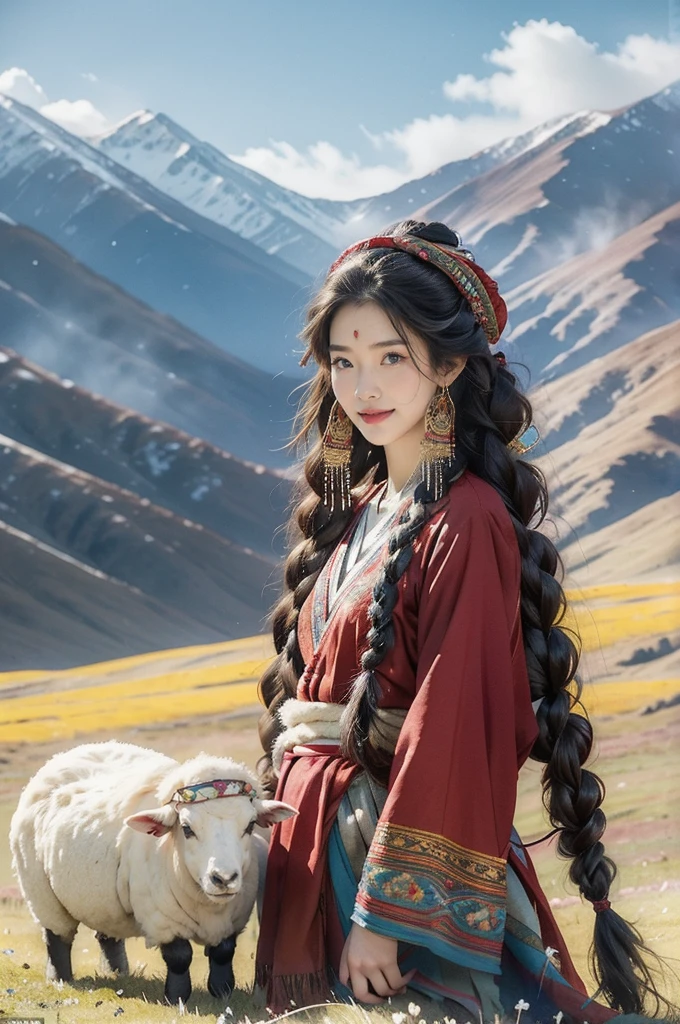 (((best quality))),(((ultra detailed))),(((masterpiece))),illustration,a beautiful Tibetan girl,solo,slim,flat chest,Plush hat,snow-capped plateau,magnificent red traditional outfit,radiant smile,Standing by the roadside,vast verdant grasslands,majestic snow-capped peaks,striking appearance,dark almond-shaped eyes,sparkling with joy,long flowing black hair,intricate braids,colorful beads,jewelries,intricately woven ribbons,red rob embroidered with golden threads,Tibetan culture,lush green grasslands,serene ambiance,sheep and yaks grazing,crisp air,invigorating scent of the highland,beauty and resilience,pure bliss