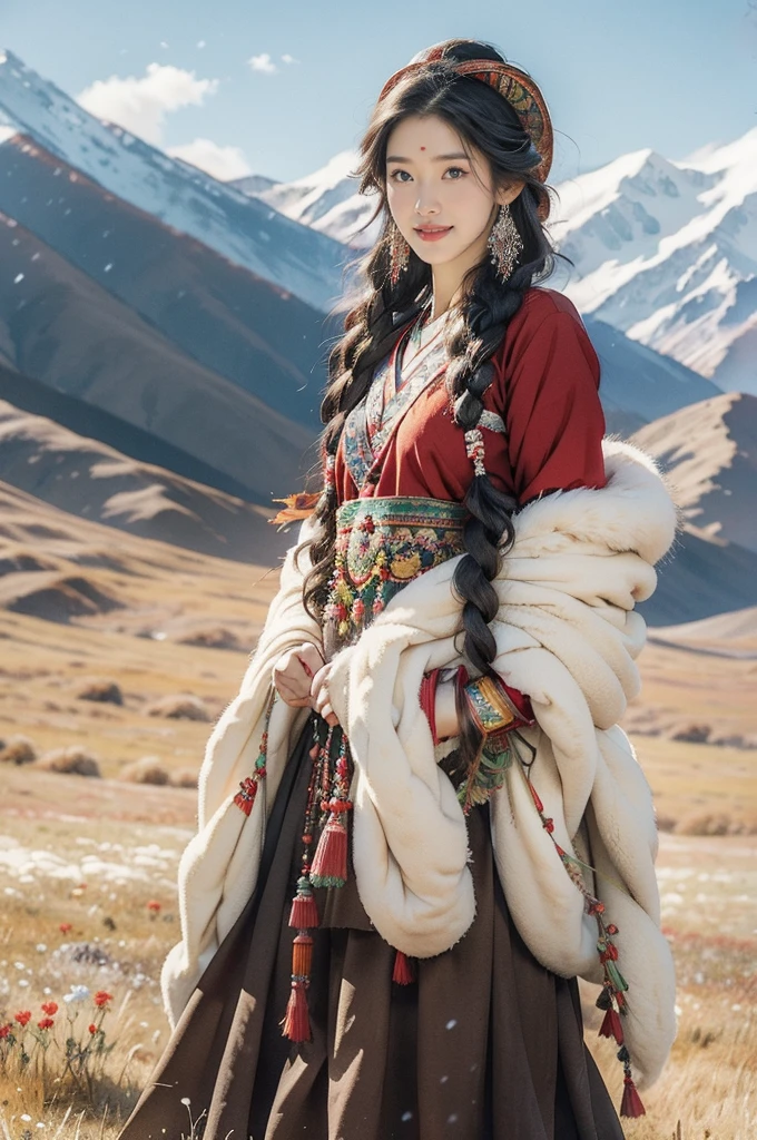 (((best quality))),(((ultra detailed))),(((masterpiece))),illustration,a beautiful Tibetan girl,solo,slim,flat chest,Plush hat,snow-capped plateau,magnificent red traditional outfit,radiant smile,Standing by the roadside,vast verdant grasslands,majestic snow-capped peaks,striking appearance,dark almond-shaped eyes,sparkling with joy,long flowing black hair,intricate braids,colorful beads,jewelries,intricately woven ribbons,red rob embroidered with golden threads,Tibetan culture,lush green grasslands,serene ambiance,sheep and yaks grazing,crisp air,invigorating scent of the highland,beauty and resilience,pure bliss