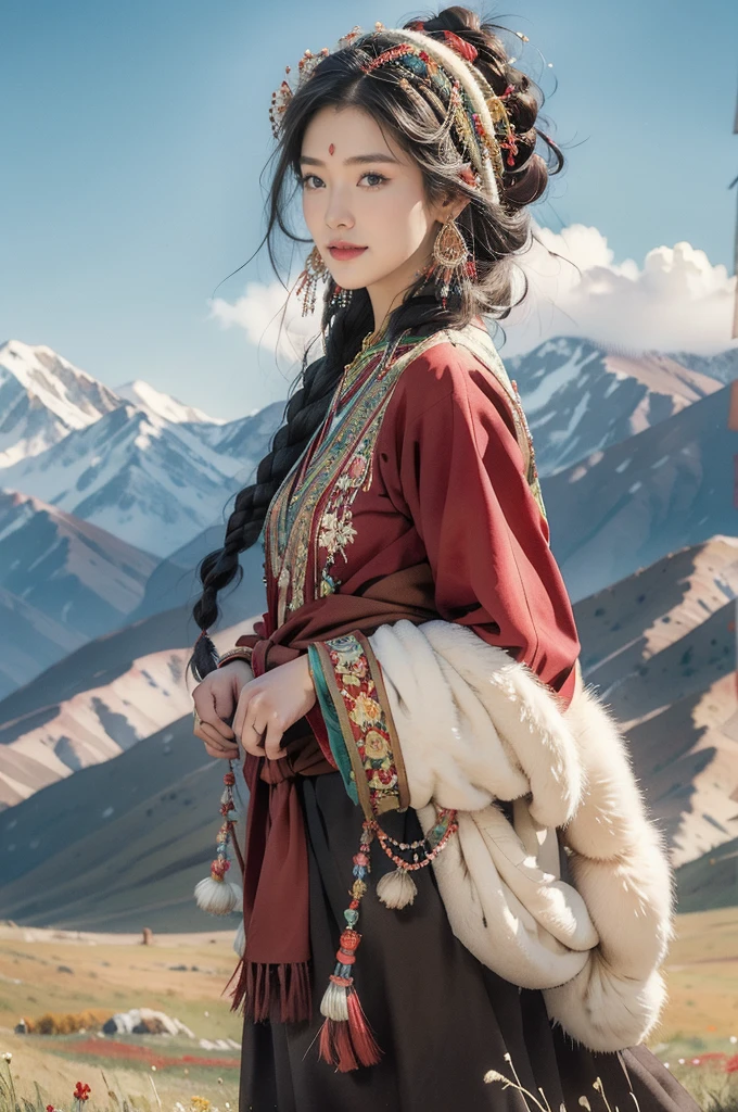 (((best quality))),(((ultra detailed))),(((masterpiece))),illustration,a beautiful Tibetan girl,solo,slim,flat chest,Plush hat,snow-capped plateau,magnificent red traditional outfit,radiant smile,Standing by the roadside,vast verdant grasslands,majestic snow-capped peaks,striking appearance,dark almond-shaped eyes,sparkling with joy,long flowing black hair,intricate braids,colorful beads,jewelries,intricately woven ribbons,red rob embroidered with golden threads,Tibetan culture,lush green grasslands,serene ambiance,sheep and yaks grazing,crisp air,invigorating scent of the highland,beauty and resilience,pure bliss