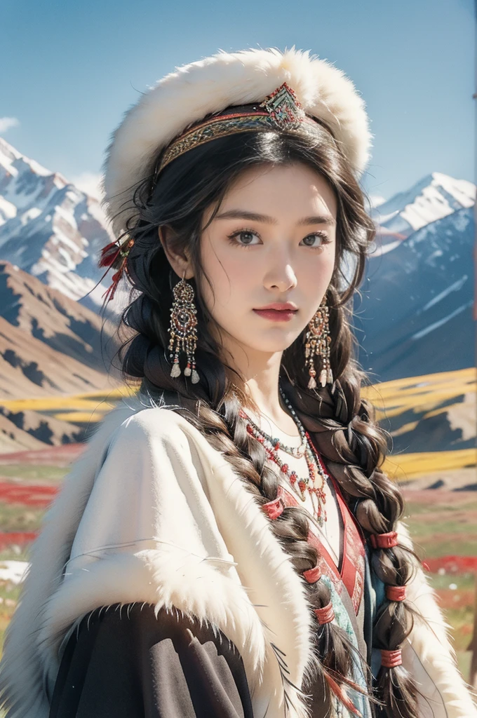 (((best quality))),(((ultra detailed))),(((masterpiece))),illustration,a beautiful Tibetan girl,solo,slim,flat chest,Plush hat,snow-capped plateau,magnificent red traditional outfit,radiant smile,Standing by the roadside,vast verdant grasslands,majestic snow-capped peaks,striking appearance,dark almond-shaped eyes,sparkling with joy,long flowing black hair,intricate braids,colorful beads,jewelries,intricately woven ribbons,red rob embroidered with golden threads,Tibetan culture,lush green grasslands,serene ambiance,sheep and yaks grazing,crisp air,invigorating scent of the highland,beauty and resilience,pure bliss