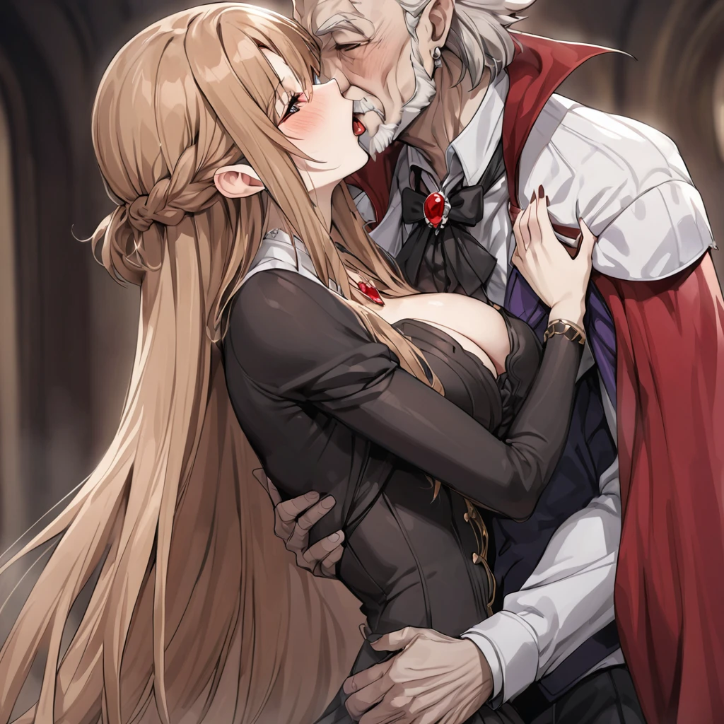 ((Highest quality)), ((masterpiece)), (detailed), （Perfect Face）、The woman is Yuuki Asuna, with medium-long brown hair, a gorgeous jeweled black dress and a vampire cloak, and is embracing and kissing the dignified old man Count Dracula.