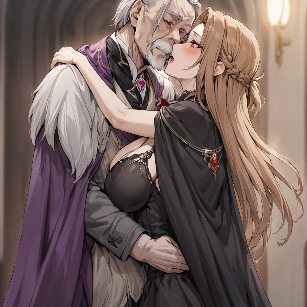((Highest quality)), ((masterpiece)), (detailed), (Perfect Face)、The woman is Yuuki Asuna, with medium-long brown hair, a gorgeous jeweled black dress and a vampire cloak, and is embracing and kissing the dignified old man Count Dracula.