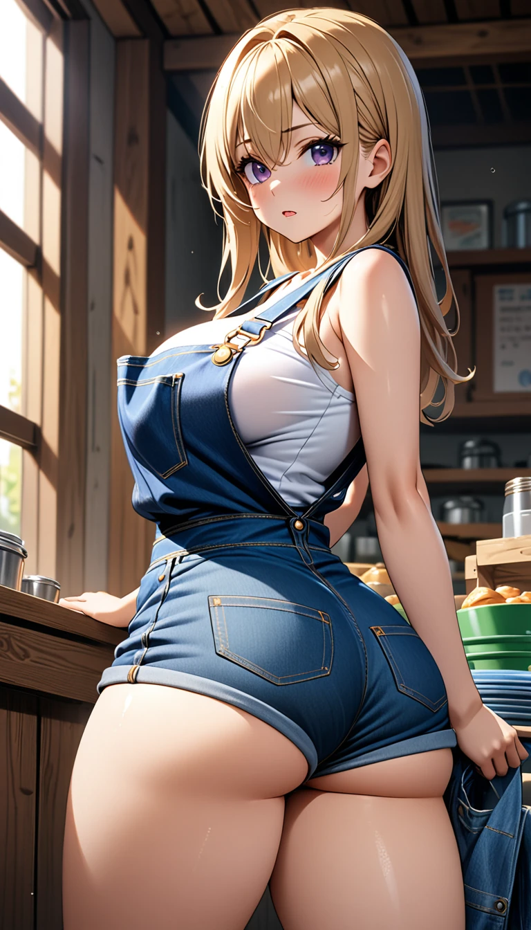 (Masterpiece、Highest quality、Very detailed、4K)、One Woman、17 years old、、Thighs、、Overalls only、stand