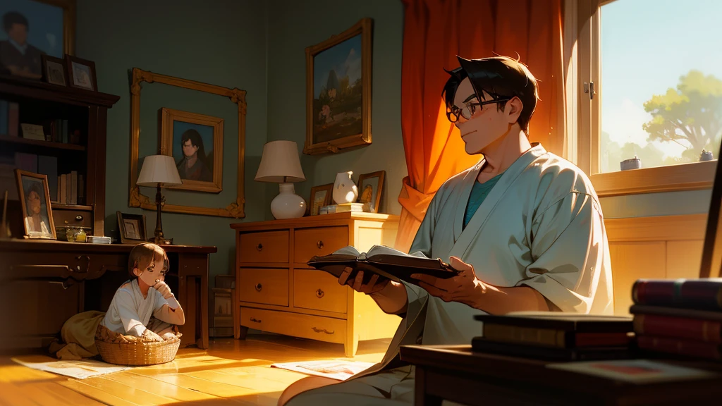 The picture is presented in the style of pastel oil painting,The lens effect is hazy and warm,Lighting Effects: Warm colors,Creating a harmonious picture of family and work。The main body is a middle-aged man,Wear casual clothing,I have a report on hand,Focused and determined expression,Symbolizes his leadership。at the same time,His other hand,Gently on the 's shoulders,Doing homework quietly,This reflects his father's role。
The scene is set in the home study and studio,In the background are neatly arranged books on the bookshelf and a,Symbolizes knowledge and work。Between a man and a girl,There was a cat lying quietly,Symbolizes the warmth of family and。Outside the window is an orange sunset,Light shone on them through the window,The warm colors of this painting are emphasized。Every detail reflects、A sense of responsibility and dedication to common life。