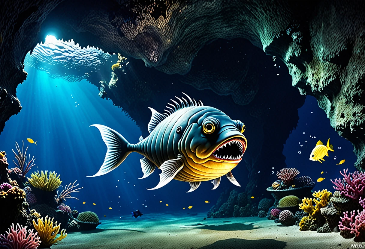 An anglerfish monster disguised as a giant underwater cave、The treasure hunter divers approach without noticing.、