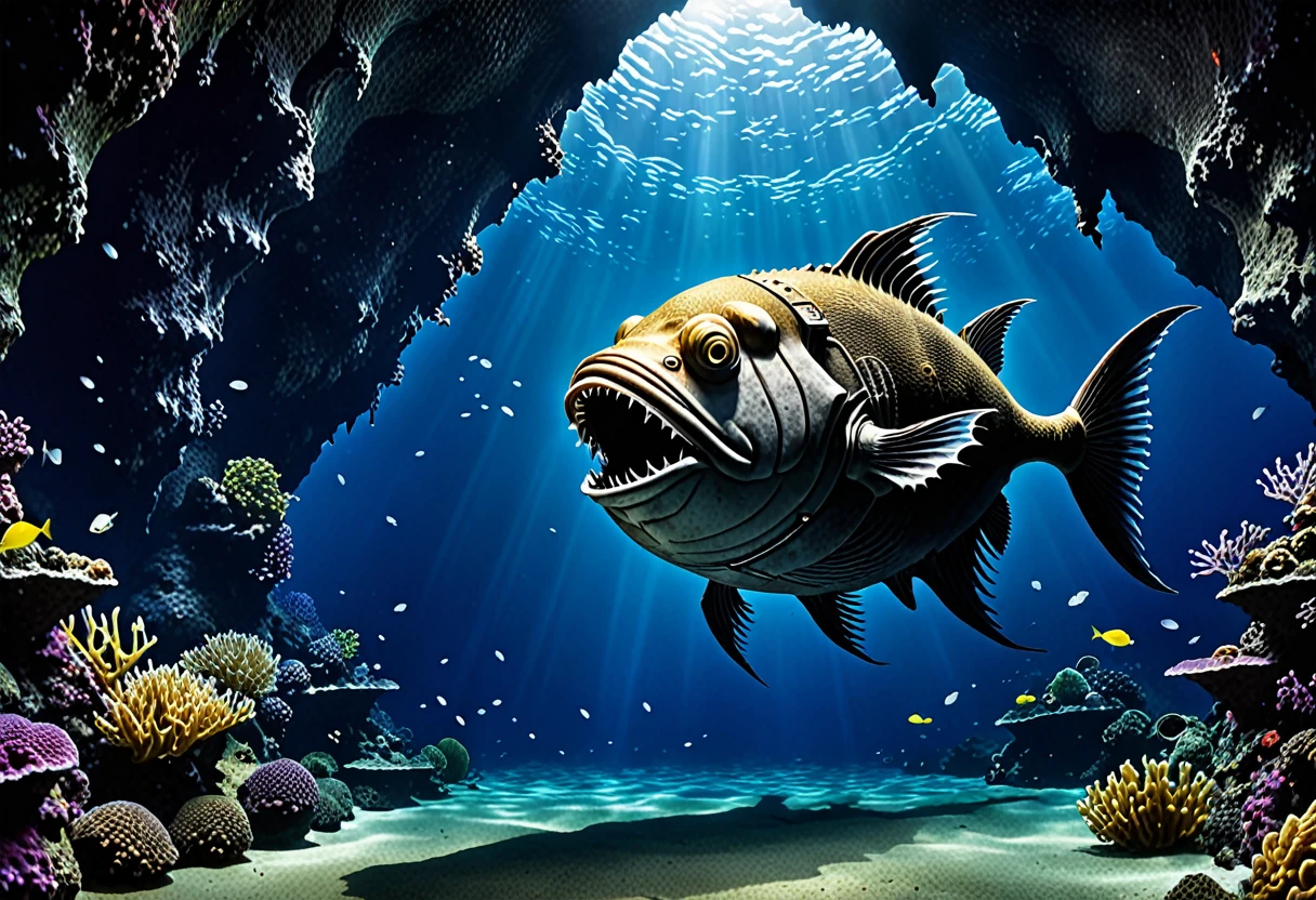 An anglerfish monster disguised as a giant underwater cave、The treasure hunter divers approach without noticing.、
