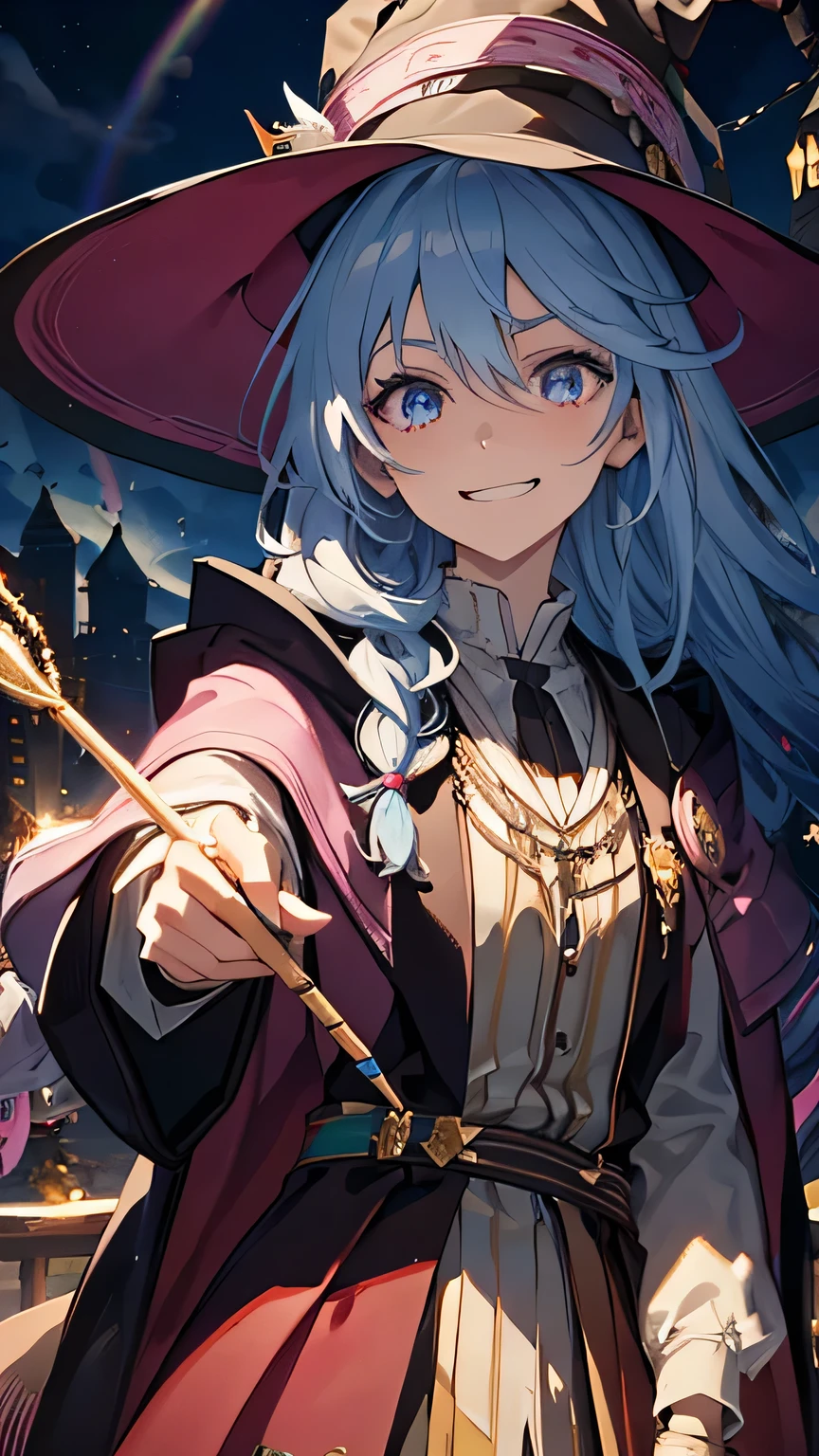 rainbow hair, hair over shoulder, messy hair, hair over eyes, witch hat, wizard hat, grin, bright pupils, happy, anime, cinematic lighting, UHD, ((masterpiece)), super detail, (detailed eyes, detailed face), high quality, highres, high details, Witch with powerful magical light, female wizard, wide-brimmed hat, wizard's staff, wand, A torrent of light, colorful rays intersecting