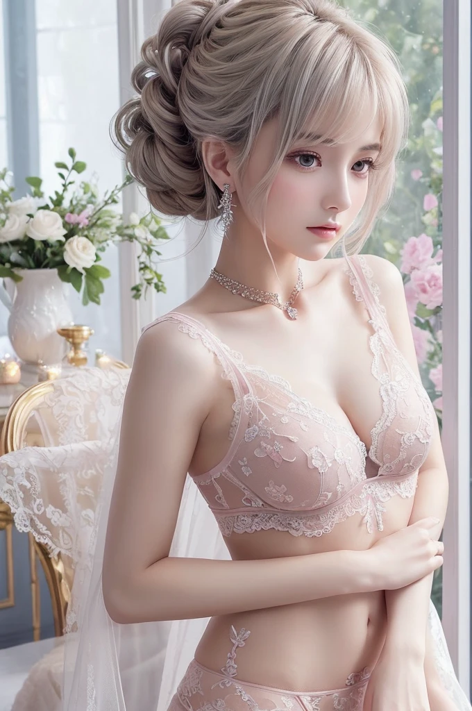 pink lace thong&Good, (((Very elegant and beautiful, Perfect detail, Super detailed))), whole body, The most detailed girl, Depth of written boundary, 美しく詳細なwhole body, Thin legs, 1 girl, 30 years old, Very short hair, Spiked Hair, Gray and silver hair, Beautiful detailed hair, Perfect Face, Expressionless, Beautifully detailed deep eyes, Open your mouth a little, Delicate arms and hands, Pale skin, Earrings, Beautiful and gorgeous necklace, Colorful background, HD background, Blurred Background, Very delicate and beautiful, Masterpiece, (((Highest quality, Very beautiful 8K CG wallpaper))), (((Trendy hairstyles))), (Inside the room,Stylish interior,window),