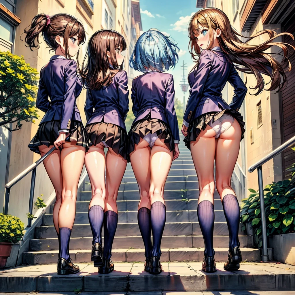 ((highest quality)), ((masterpiece)), (High resolution), 8K, best shadow, The best natural light, cinematic, (Four adult women walking up the stairs:1.4), (brown hair,)、Looking back, bashful、blazer、navy check skirt、(dark blue socks)、((Rear view))、Angle from the rear, dark blue socksにクローズアップ、Manga panel layout、cartoon style、Manga Design、station stairs, (Skirts that turn over in strong winds:1.4), Stylish white satin panties, slender body,beautiful thighs, embarrassed expression,NSFW,cum in panties
