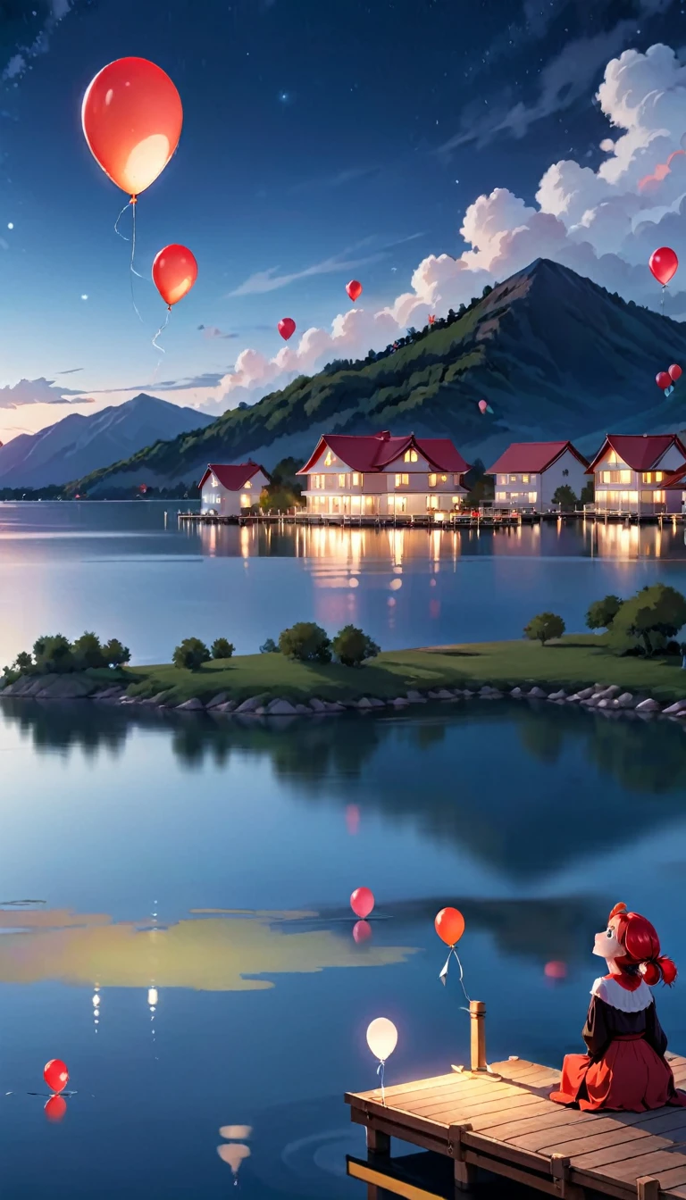 At night on a lake, in the background a mountain with some white houses and a red roof, with many cantoya balloons floating through the sky and some over the lake, out of focus a woman looking up at the sky, sitting on the edge of a small pier,