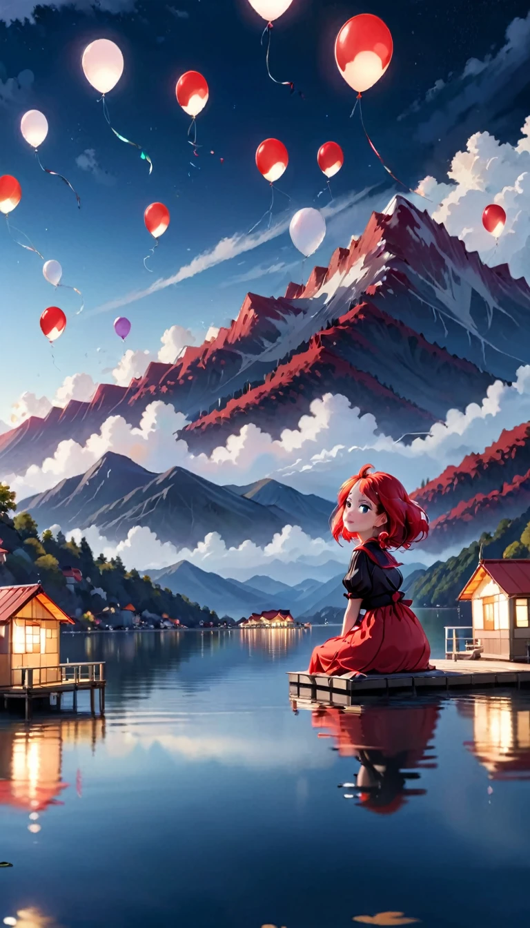 At night on a lake, in the background a mountain with some white houses and a red roof, with many cantoya balloons floating through the sky and some over the lake, out of focus a woman looking up at the sky, sitting on the edge of a small pier, 