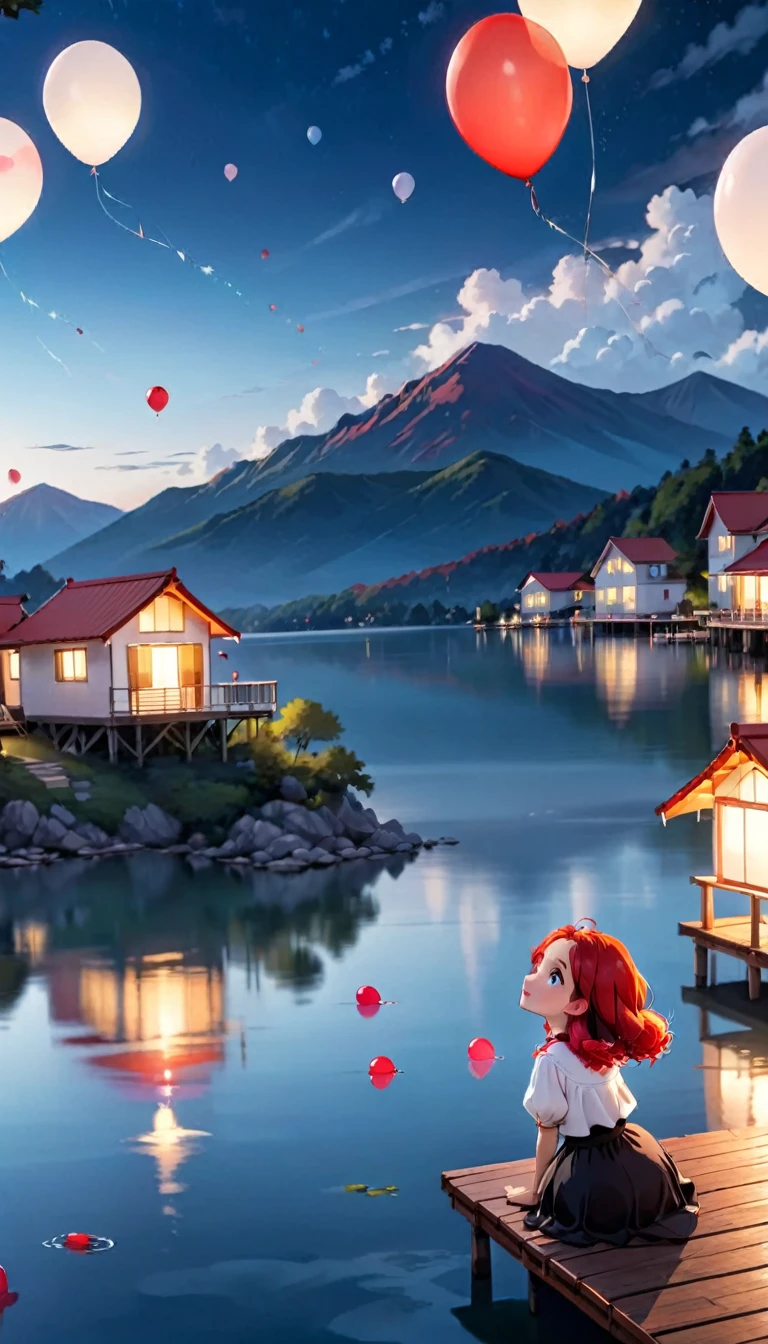 At night on a lake, in the background a mountain with some white houses and a red roof, with many cantoya balloons floating through the sky and some over the lake, out of focus a woman looking up at the sky, sitting on the edge of a small pier, 