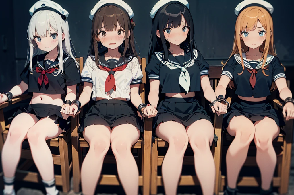 3 girls, strapped to chairs, tied up, (blushing, red face, crying, terrified), (ankle cuffs, ankles tied, wrist cuffs, wrists tied), long hair, beautiful eyes, (((short sleeves, tight clothing, sailor uniform, mini-skirt))), perfect body, perfect face, perfect eyes, detailed eyes, full body