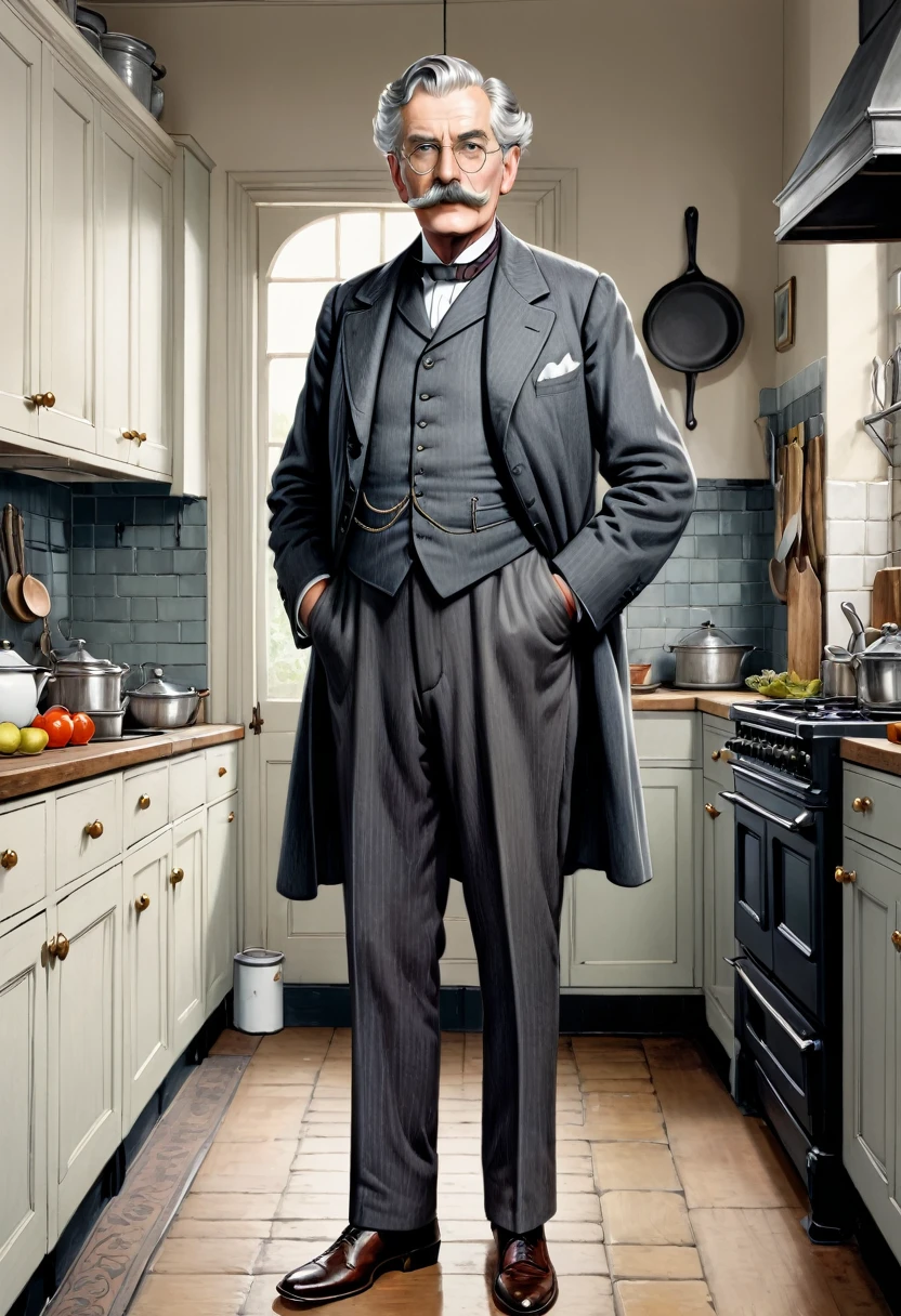 Full body shot in front view, elderly handsome Victorian gentleman with grey hair and moustache standing in an kitchen coloured drawing in the style of 1871 Punch magazine illustrations. In the style of Charles Dana Gibson