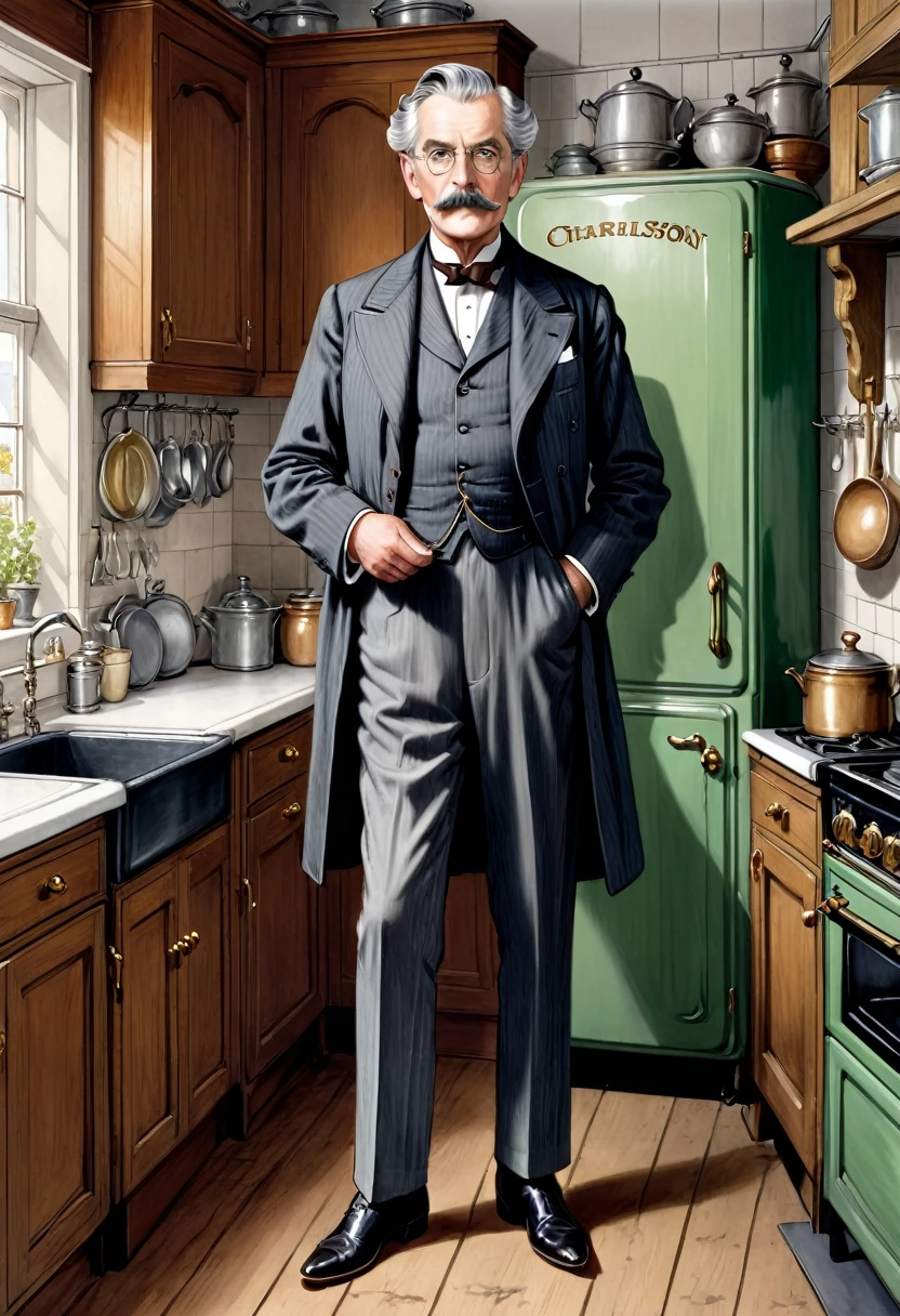 Full body shot in front view, elderly handsome Victorian gentleman with grey hair and moustache standing in an kitchen coloured drawing in the style of 1871 Punch magazine illustrations. In the style of Charles Dana Gibson