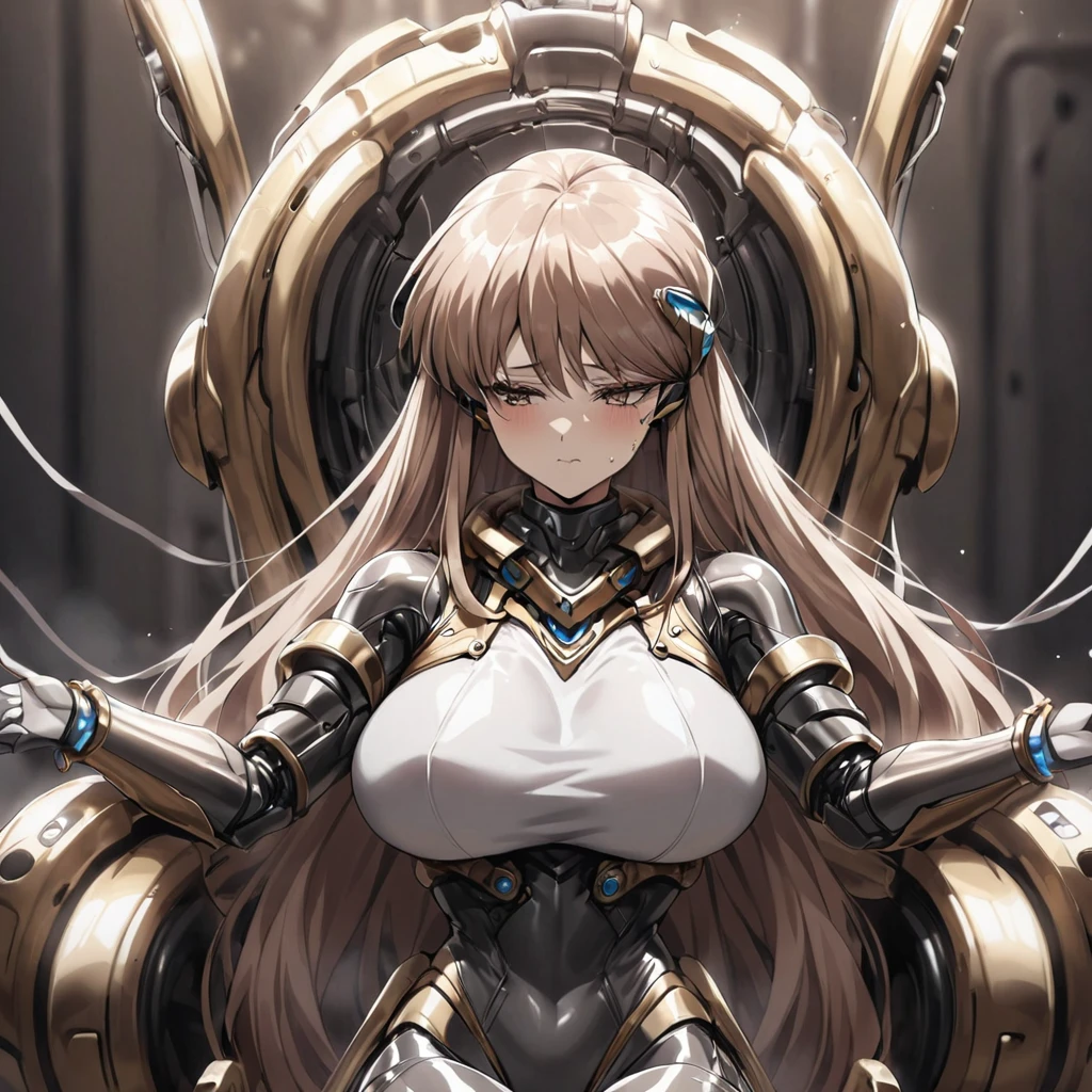 ((Highest quality)), ((masterpiece)), (detailed), (Perfect Face)、The woman is Princess Leona, with light brown, medium-long hair.々He was restrained by being made to wear a shiny body suit connected to various cords and machines, and made to sit in a mechanical chair-type brainwashing device that was bigger than his height.々They are connected to a device that has brainwashed and modified them.、The woman has a blank look on her face as the brainwashing device is administered, and the brainwashing is complete.