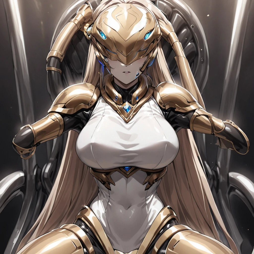 ((Highest quality)), ((masterpiece)), (detailed), （Perfect Face）、The woman is Princess Leona, with light brown, medium-long hair.々He was restrained by being made to wear a shiny body suit connected to various cords and machines, and made to sit in a mechanical chair-type brainwashing device that was bigger than his height.々They are connected to a device that has brainwashed and modified them.、The woman has a blank look on her face as the brainwashing device is administered, and the brainwashing is complete.