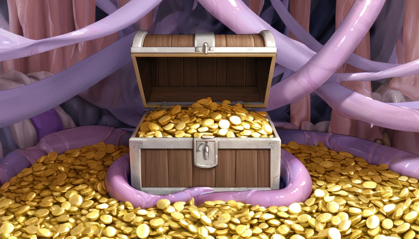 pink and purple tentacles extend from inside a treasure chest filled with gold and silver treasures.