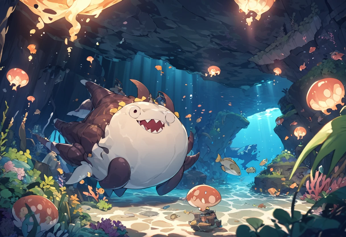 An anglerfish monster disguised as a giant underwater cave、The treasure hunter divers approach without noticing.、
