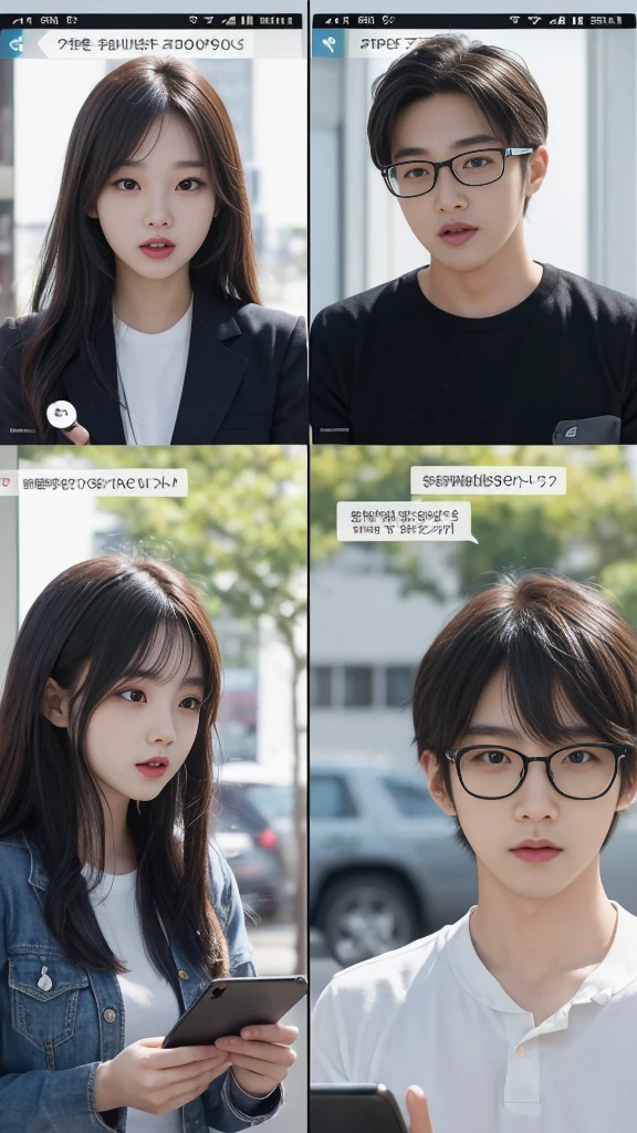  (high quality), (SFW:1.2), split screen, delinquent, Mature high school girl and Korean adult man enjoying smartphone chatting app, Her smartphone display shows a number of adult Korean men having a conversation with a high school girl..., Chat language is English., The men are waiting for her reaction, pop-up window, there'still, The man is asking her to chat on his smartphone screen. Chat takes place alternately between women and men....