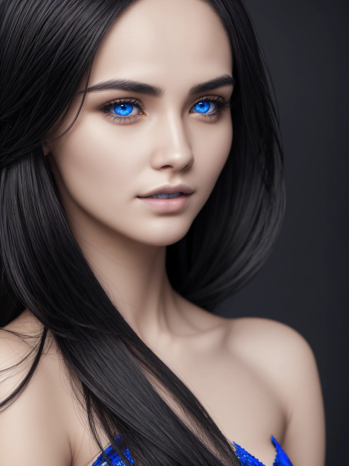 Woman with black hair and blue eyes without clothes