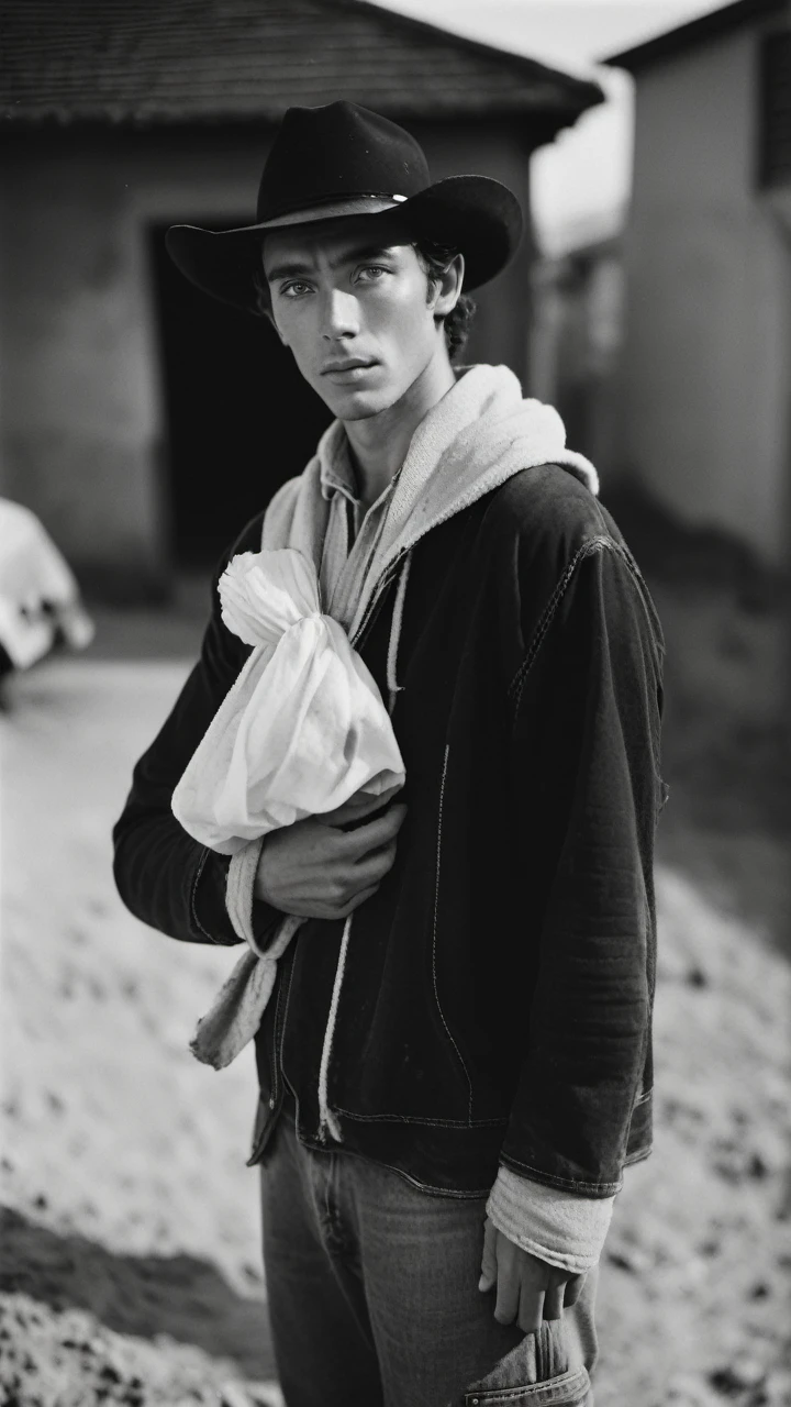 amateur photo of a man, analog, raw, f2, 35mm, an (amateur photo) of a 28 year old candid photo of a man dressed as a farmer wearing dirty clothes, upper body, under low key lighting, from above, shot on a Agfa Vista, flash photography, taken on an old camera, polaroid. 8k, highly detailed, detailed skin texture, natural skin texture, perfect eyes, perfect iris, high detail eyes, detailed iris, detailed cloth texture, perfect eyes, detailed eyes, (high quality, best quality:1.3), Extremely high-resolution, film grain, dslr, Kodak Portra 400 camera f1.6 lens, 35mm, Fujifilm Superia Premium 400, Nikon D850, 