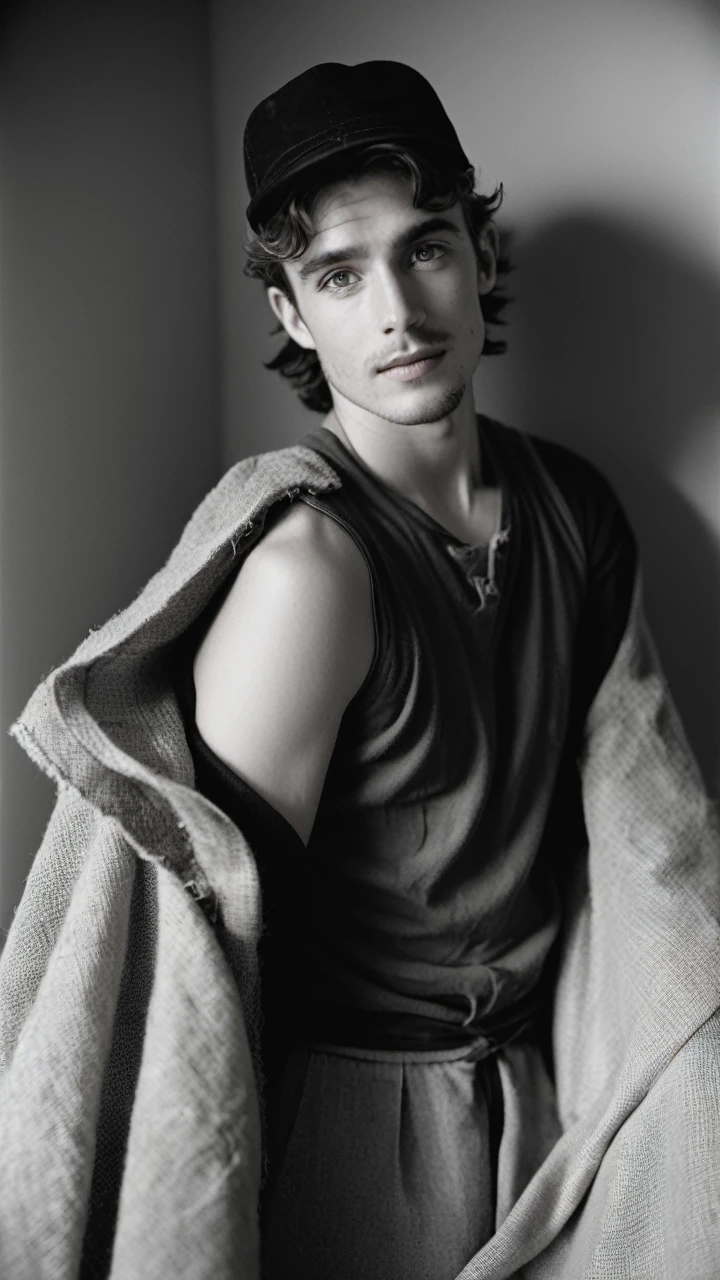amateur photo of a man, analog, raw, f2, 35mm, an (amateur photo) of a 28 year old candid photo of a man dressed as a farmer wearing dirty clothes, upper body, under low key lighting, from above, shot on a Agfa Vista, flash photography, taken on an old camera, polaroid. 8k, highly detailed, detailed skin texture, natural skin texture, perfect eyes, perfect iris, high detail eyes, detailed iris, detailed cloth texture, perfect eyes, detailed eyes, (high quality, best quality:1.3), Extremely high-resolution, film grain, dslr, Kodak Portra 400 camera f1.6 lens, 35mm, Fujifilm Superia Premium 400, Nikon D850,
