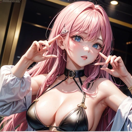 masterpiece, Female 4, dynamic, K-Pop Idols, Promotional Photos, Raise your hand, shout, kiss, Bring your face closer, Downtown, Hustle, Striking eyes, Fine skin, Confident（lol）, Bird's-eye view, squint, squint, squint, High resolution, Professional photos, Street Corner, share, pink,  , String Bikini, Spotlight, Rock singer, Rainbow Hair,, belly button, Straight hair, Put your hands in your pockets, Headphones, Long Hair, tattoo