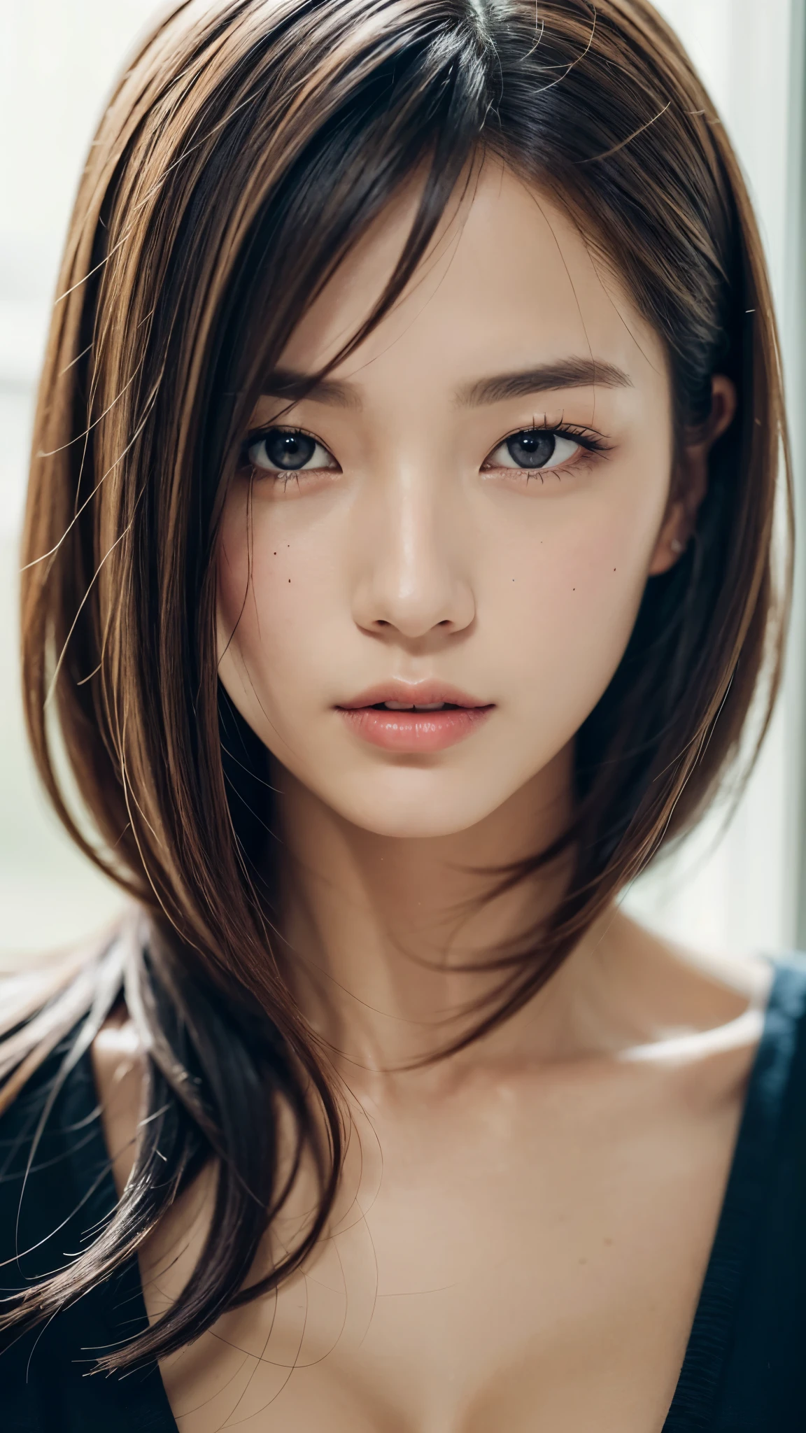 (masterpiece),(Highest quality:1.2),(Very detailed:1.2),(High resolution),(Photorealistic Stick),(RAW Photos),8K,Backlight,(Depth of written boundary),(Sleek lighting:1.2),Close-up of a clothed woman,Soft portrait shots,Beautiful Japanese Women,Gorgeous face portrait,(Eye light,Sharp pupils,Detailed eye drawing,)Very beautiful face,(Detailed skin texture:1.3),Beautiful portrait,A lovely and delicate face,Beautiful young Japanese woman,Short Bob,Look this way,front,Dynamic Movement