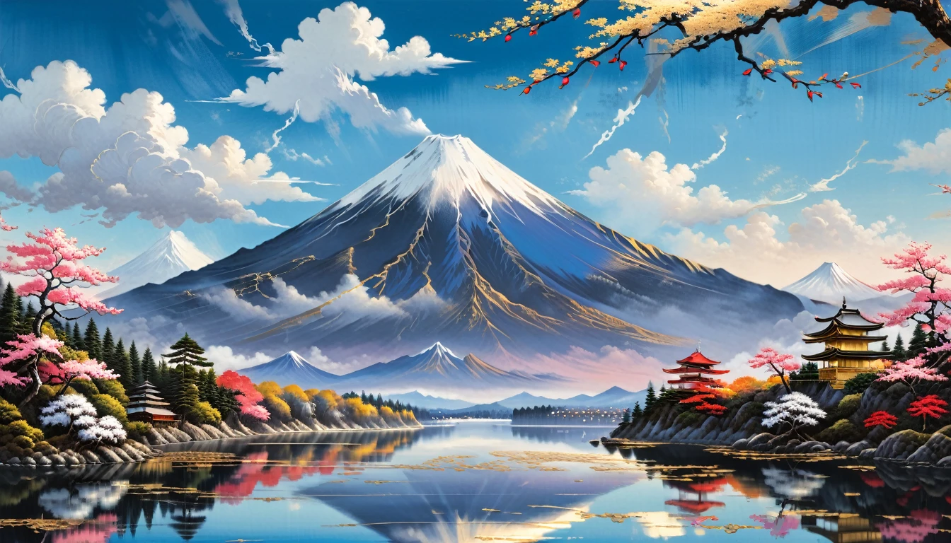 Gold Leafアート, Alena Aenami, (masterpiece, Highest quality, Professional, Perfect composition, so beautiful, Absurd, Super detailed, Intricate details:1.3)、Mount Fuji in the center with no other mountains、Inverted Fuji reflected in the lake、Gold Leafアート,Ukiyo-e style、Gold Leaf