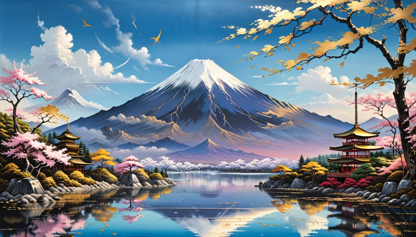 Gold Leafアート, Alena Aenami, (masterpiece, Highest quality, Professional, Perfect composition, so beautiful, Absurd, Super detailed, Intricate details:1.3)、Mount Fuji in the center with no other mountains、Inverted Fuji reflected in the lake、Gold Leafアート,Ukiyo-e style、Gold Leaf