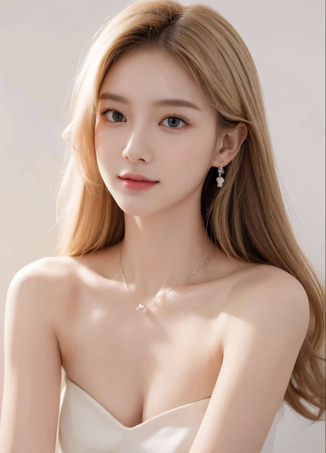 1 girl, National Foundation, (White background), ((8K, masterpiece: 1.4)), (Professional shooting, sharp:1.2), ((Portrait shoot)), Perfect dynamic composition, (Natural sunlight), (Soft shadows), (Perfect body:1.4, Slim abs:1.2), ((Random Female Hairstyles:1.2, Huge breasts:1.1)), Extremely detailed face and skin, White skin, (Delicate skin:1.3),(Latex leather:0.4), (Perfect and radiant skin:0.6), Bai Senai, student, 24 years old, fashion model, (Sexy casual), Showing cleavage, Blonde hair, Light brown eyes, beautiful eyes, Round eyes, Pretty Face, blush, Glossy lips, High nose bridge, shiny eyes, Perfectly proportioned face, real moist skin, Exquisite expression, Smile at the camera, looking at camera, Exquisite expression, Elegant necklace, Elegant earrings, The Minimalists, Normal anatomy，long legs, prefect body